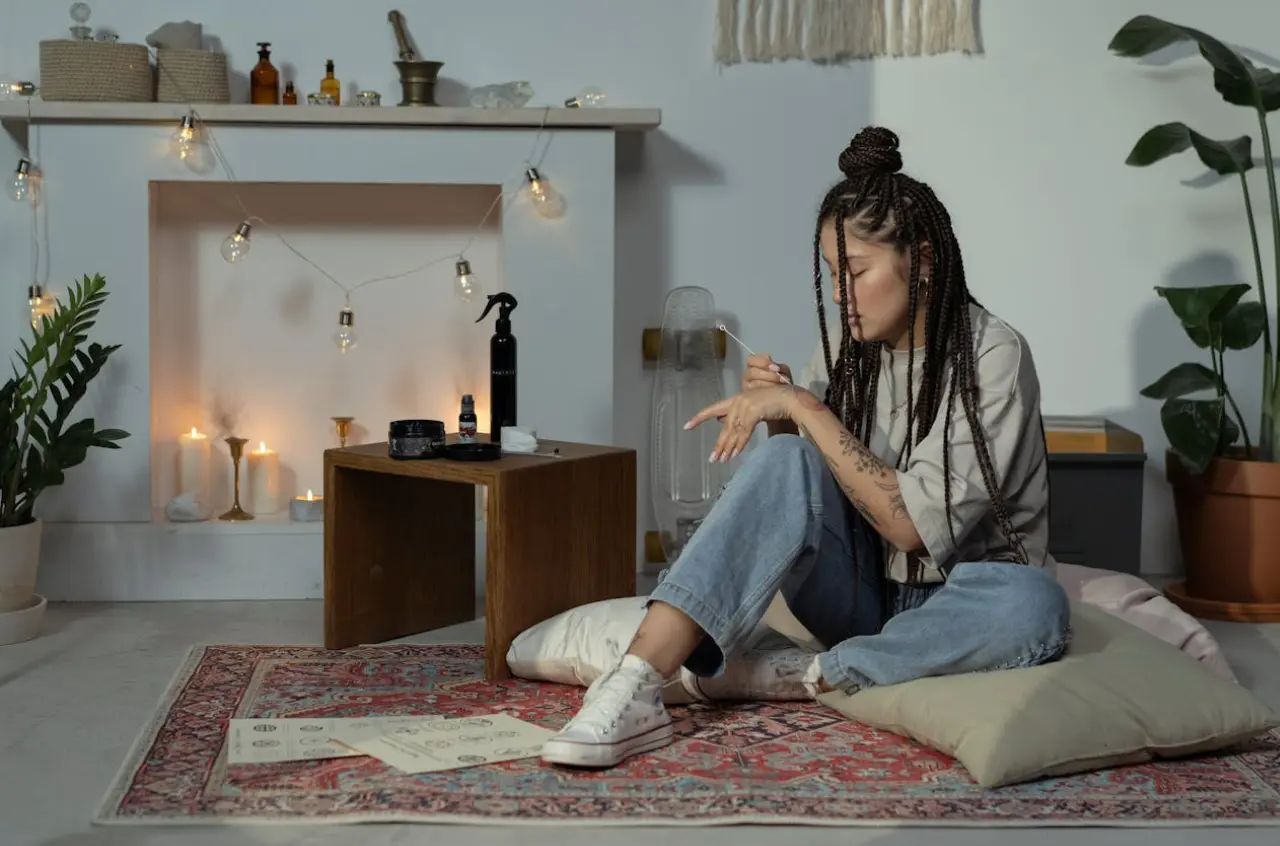 Mujer joven sentada en un almohadón se ve decoración estilo boho con plantas, luces, entre otros