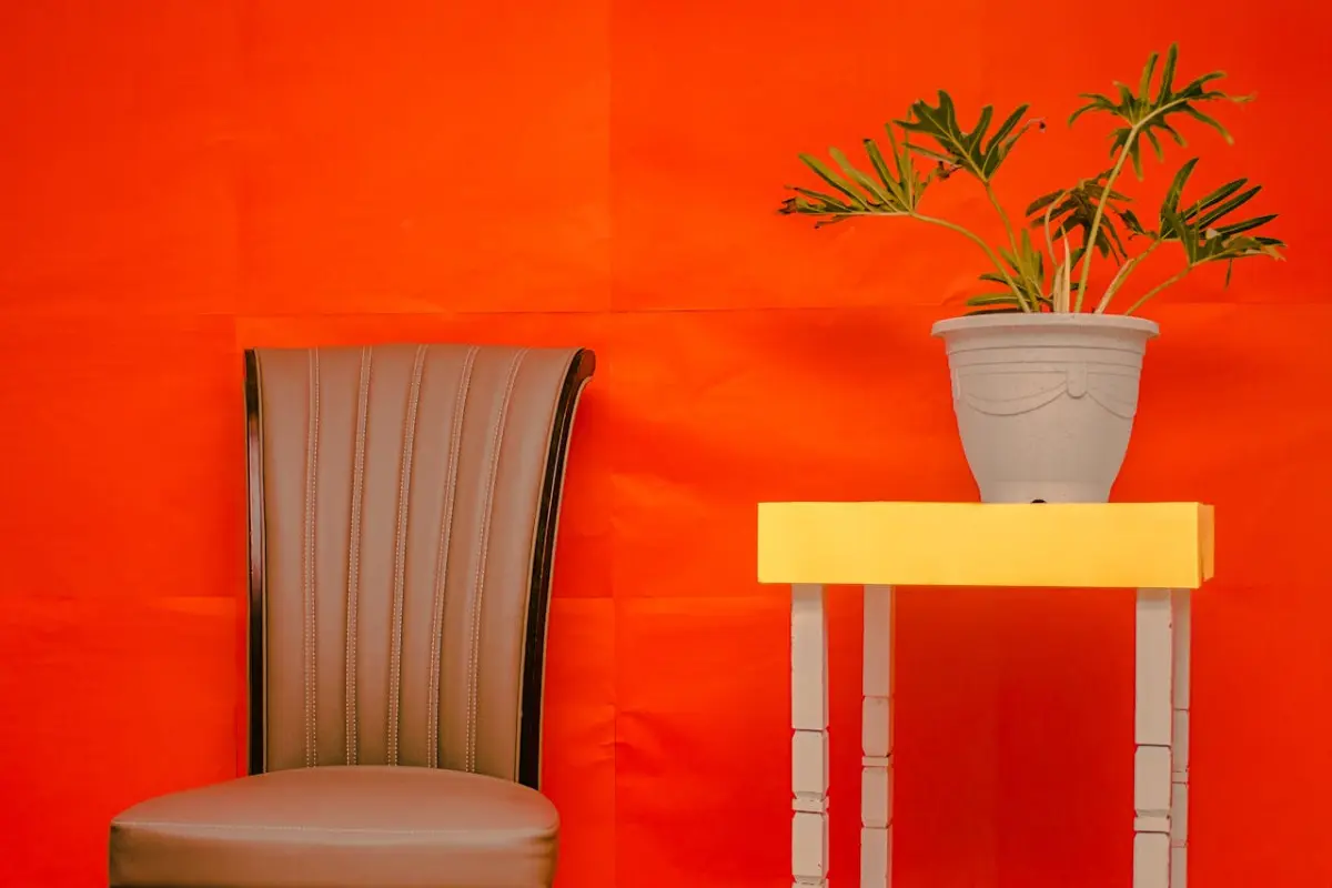 Silla y mesa con una planta delante de una pared roja