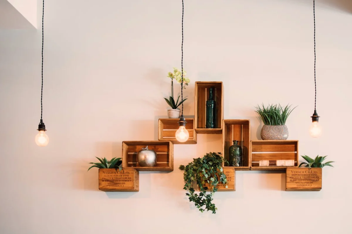 Repisas de madera en la pared colocadas de manera vertical y horizontal, decoradas con plantas y una bombilla