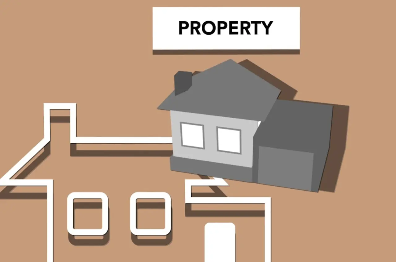 Ilustración de una propiedad con la silueta de otra casa y la palabra que dice "property"